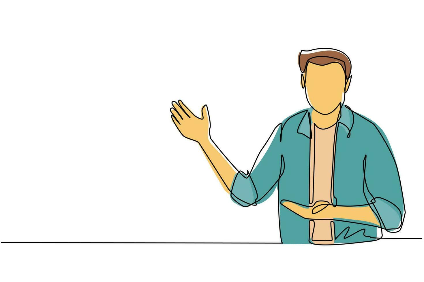 Single one line drawing handsome man in casual clothes presenting something. Young businessman showing something or presenting project. Modern continuous line draw design graphic vector illustration