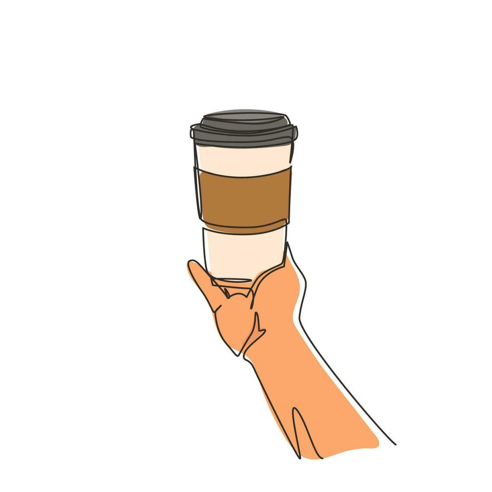 Continuous one line drawing coffee disposable cup in businessman hand. Coffee cup in line graphic. Hand of man holds coffee cup icon. Symbol of coffee mug. Single line draw design vector illustration