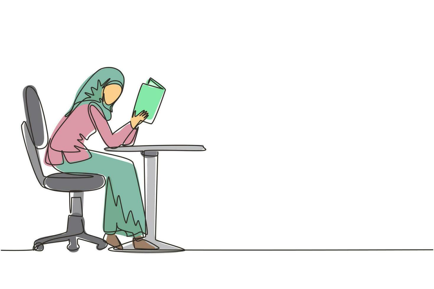 Continuous one line drawing Arab girl student reading book in library, bookshop and sitting on chair at table. People read and study education or pupil learning lesson. Single line draw design vector