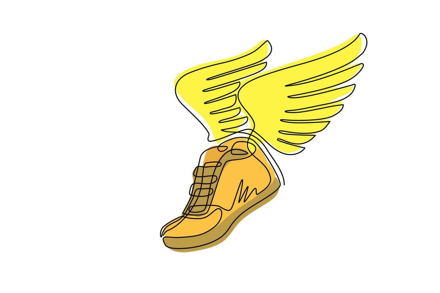 Continuous one line drawing running shoes with wings isolated. Stylized, minimalistic vintage design template element for print, label, badge or other symbol. Single line draw design vector graphic