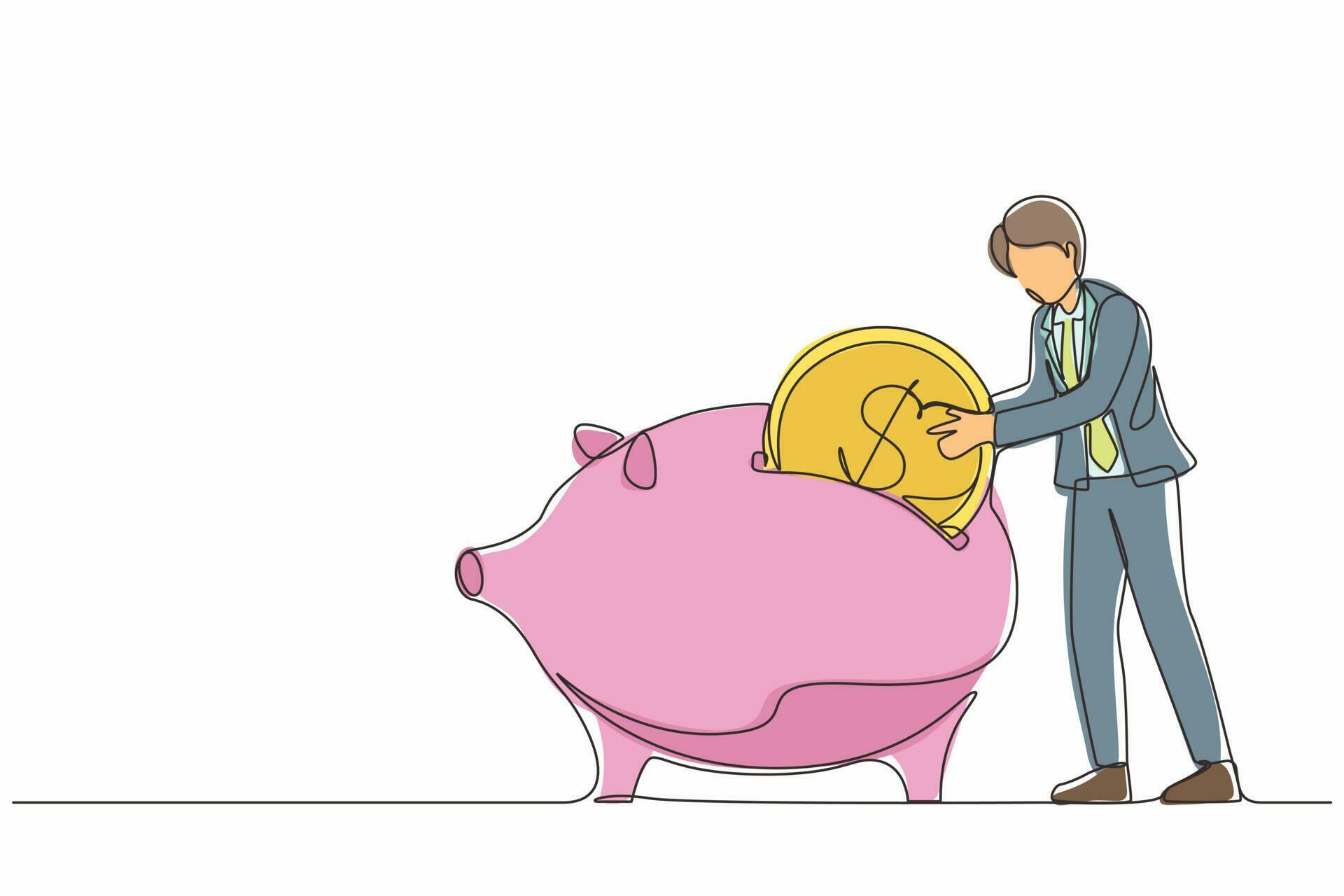 Single continuous line drawing businessman putting dollar coin into