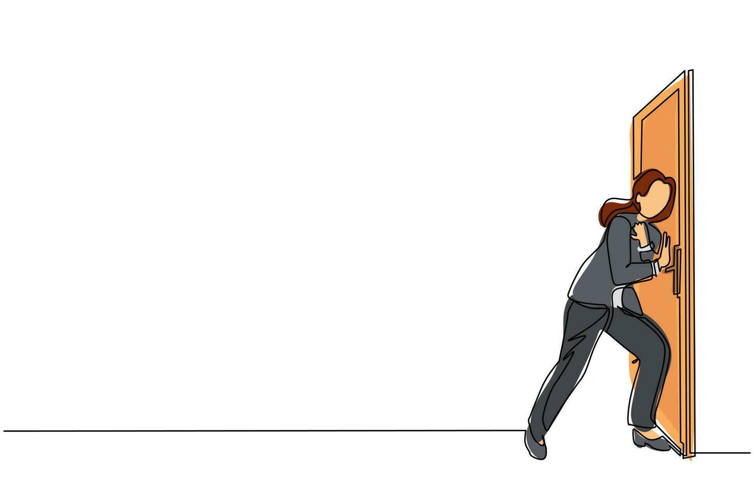 Continuous one line drawing young businesswoman running wants to break down the door. Business struggle. Strength for success. Opening closed doors. Single line draw design vector graphic illustration