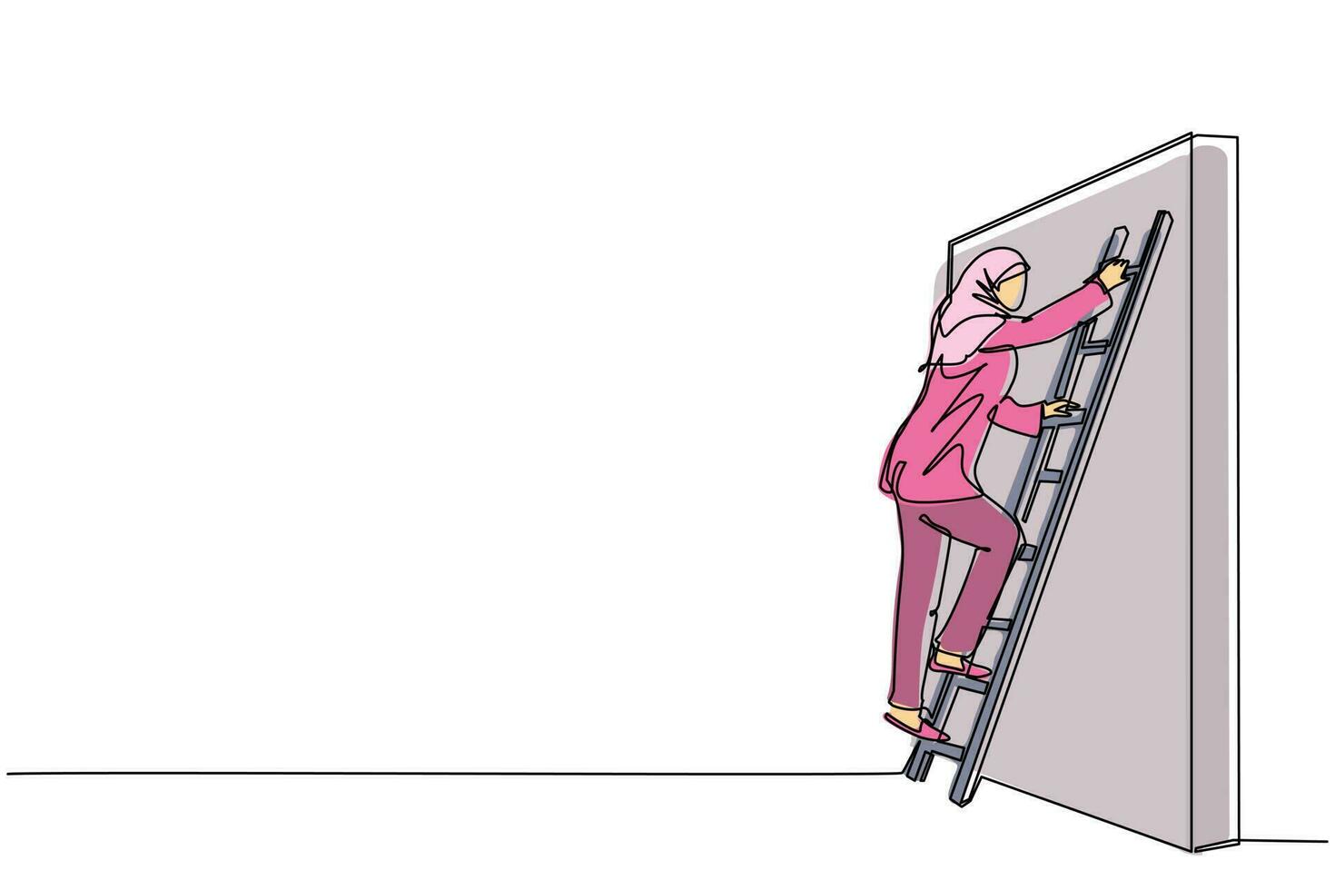 Continuous one line drawing Arab businesswoman climbing up the wall with ladder. Business obstacle metaphor. Symbol for career growth, finding creative solution. Single line draw design vector graphic
