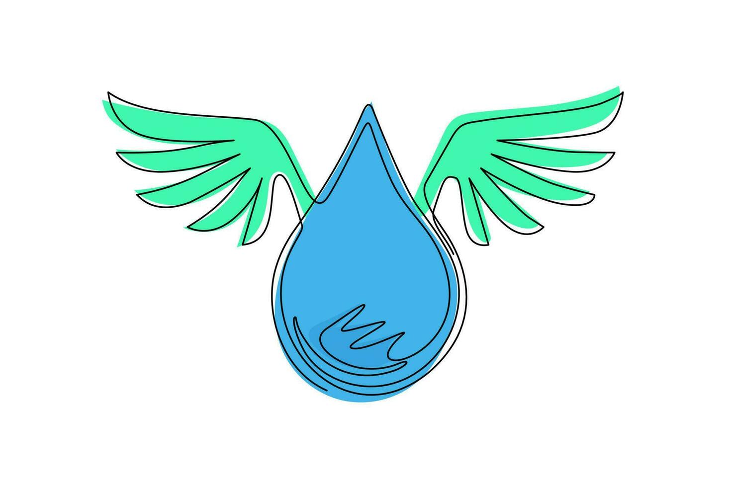 dibujo de una sola línea continua personaje de caricatura de gota de agua con alas concepto de banner del día mundial del agua. gota de agua alada icono plano aislado. Ilustración de vector de diseño gráfico de dibujo de una línea dinámica