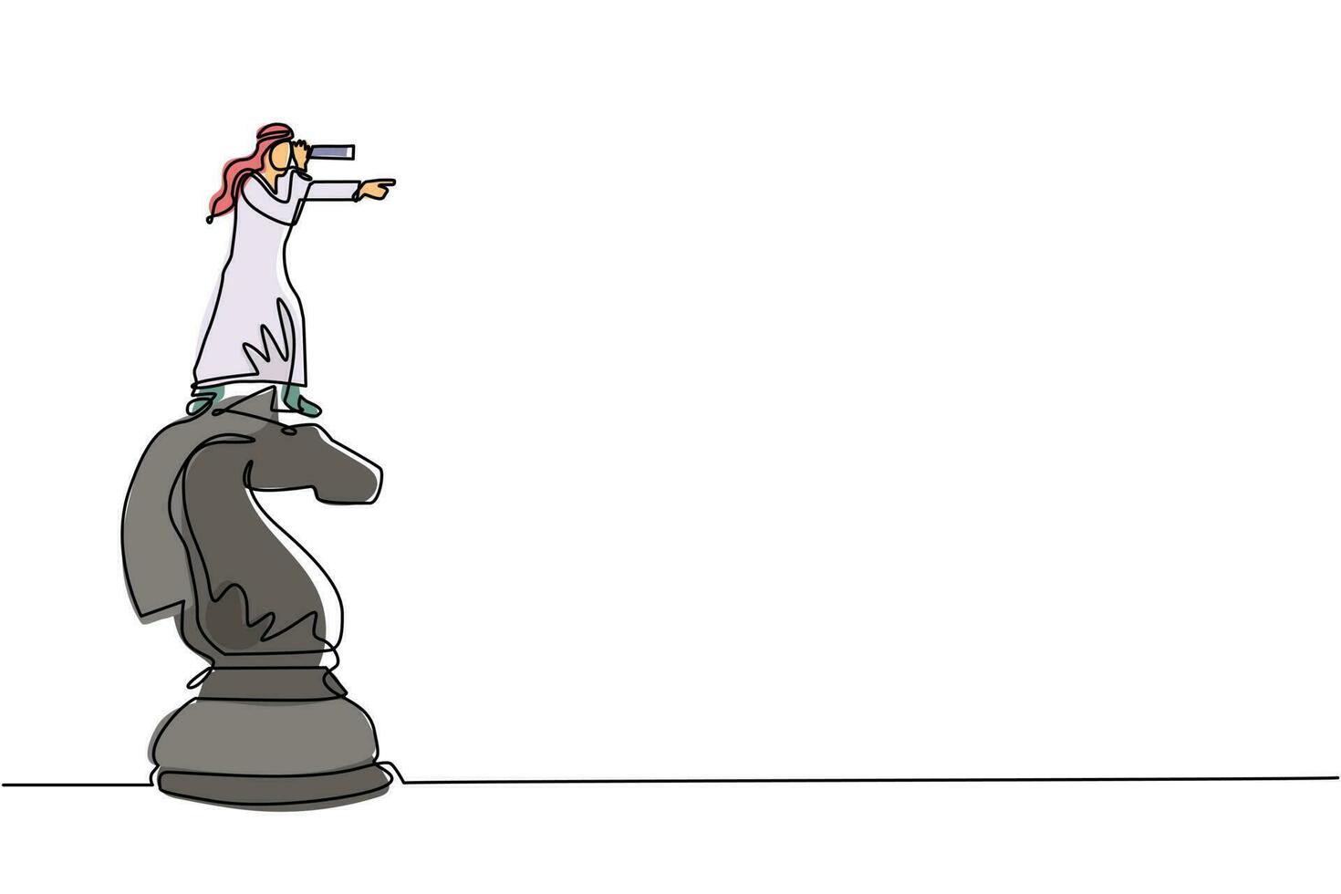 una sola línea continua dibujando a un hombre de negocios árabe encima de una gran pieza de ajedrez de caballos usando un telescopio en busca de éxito, oportunidades, futuras tendencias comerciales. ilustración de vector de diseño de dibujo de una línea