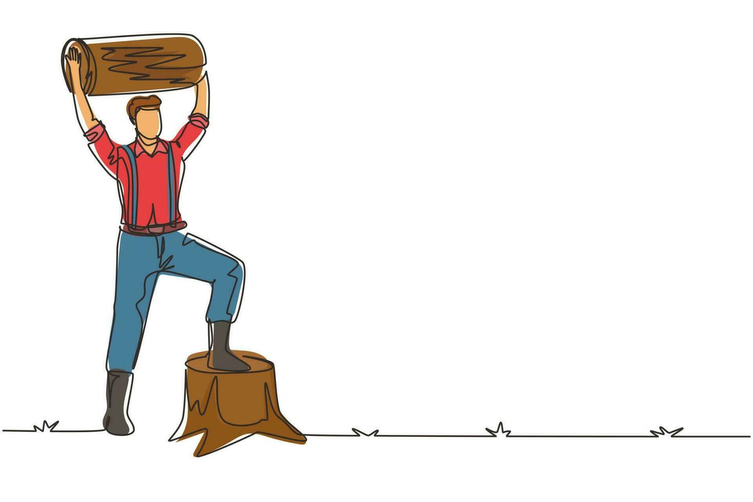 Single one line drawing smiling lumberjack man holding downed log. Wearing suspender shirt, jeans and boots, posing with one foot on tree stump. Continuous line draw design graphic vector illustration