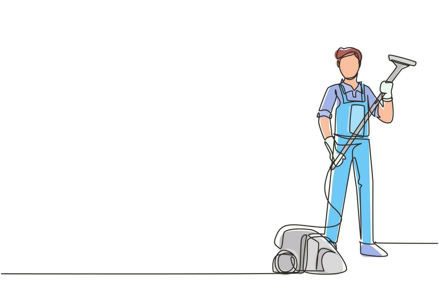 Single continuous line drawing young man works at home, do cleaning in jumpsuit. Home vacuum cleaner. Household home appliances. Disinfection and cleaning. One line draw design vector illustration