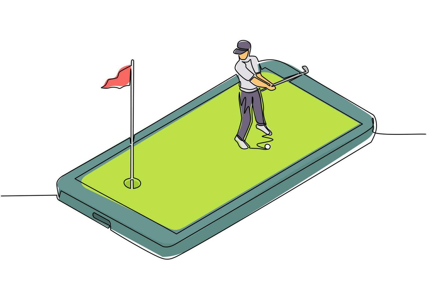 Continuous one line drawing male golfer playing golf on smartphone screen. Professional sports competition, golf, player hitting ball with club, mobile app. Single line draw design vector illustration