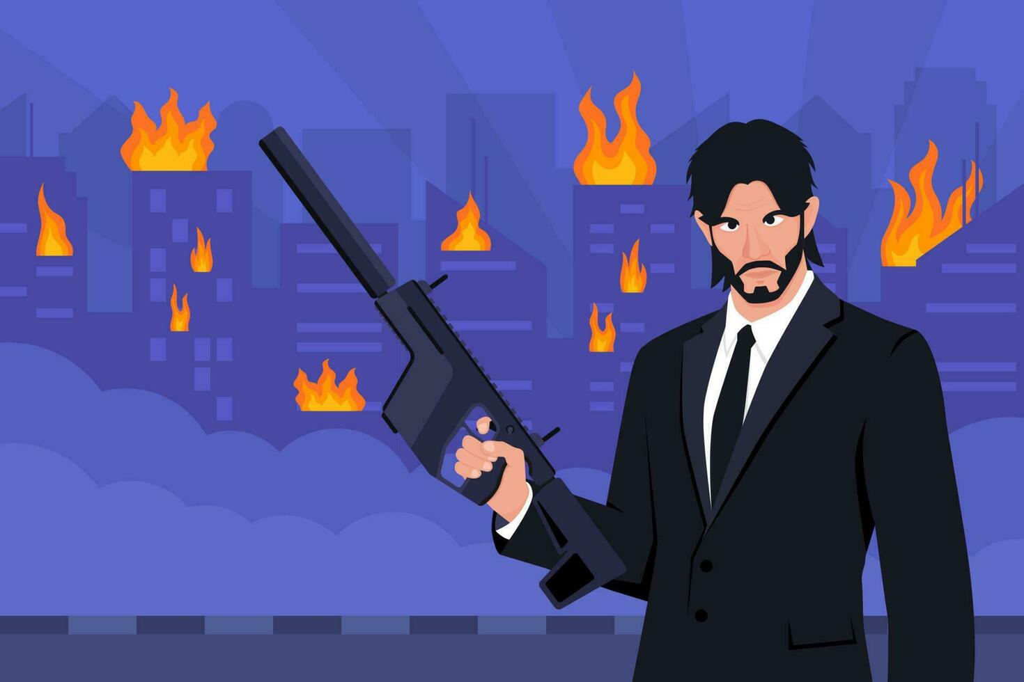 Man Holding Gun with Burning City Background vector