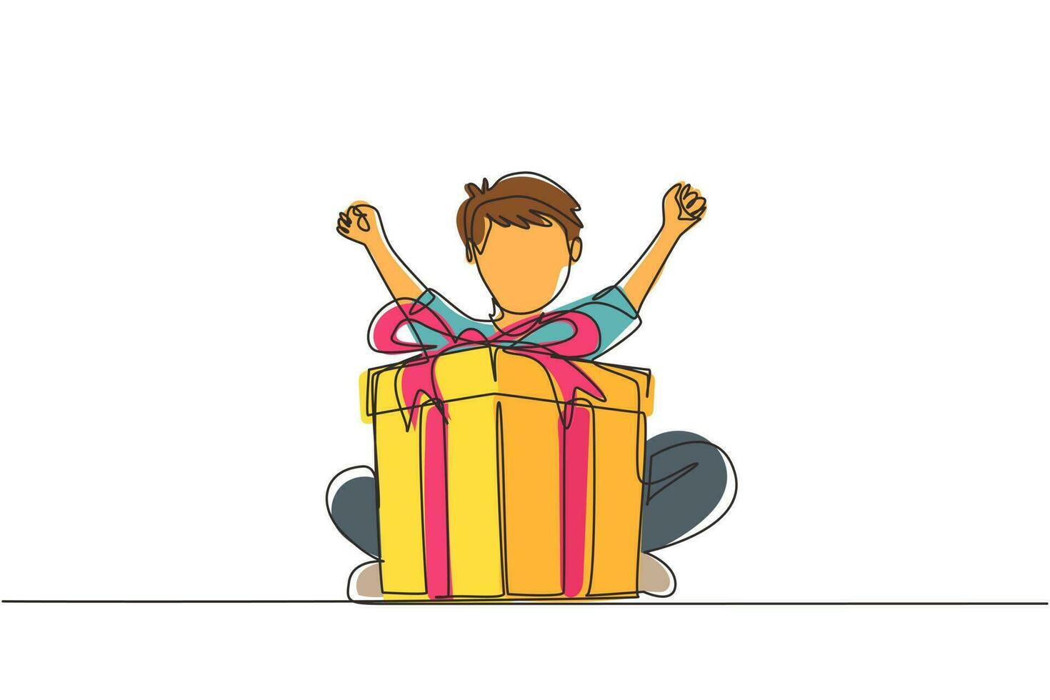Single one line drawing happy little boy holding big ribbon bow wrapped gift box in front of his in arms. Cheerful child accept birthday gift. Continuous line draw design graphic vector illustration