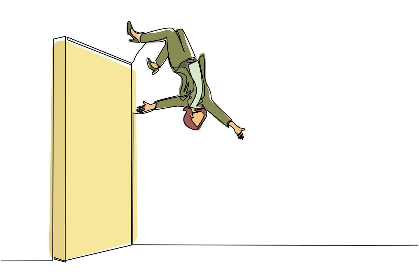 Continuous one line drawing businesswoman jumping over brick wall with acrobatic over head style to achieve his goal. Businesswoman jumping over the wall of barriers. Single line draw design vector