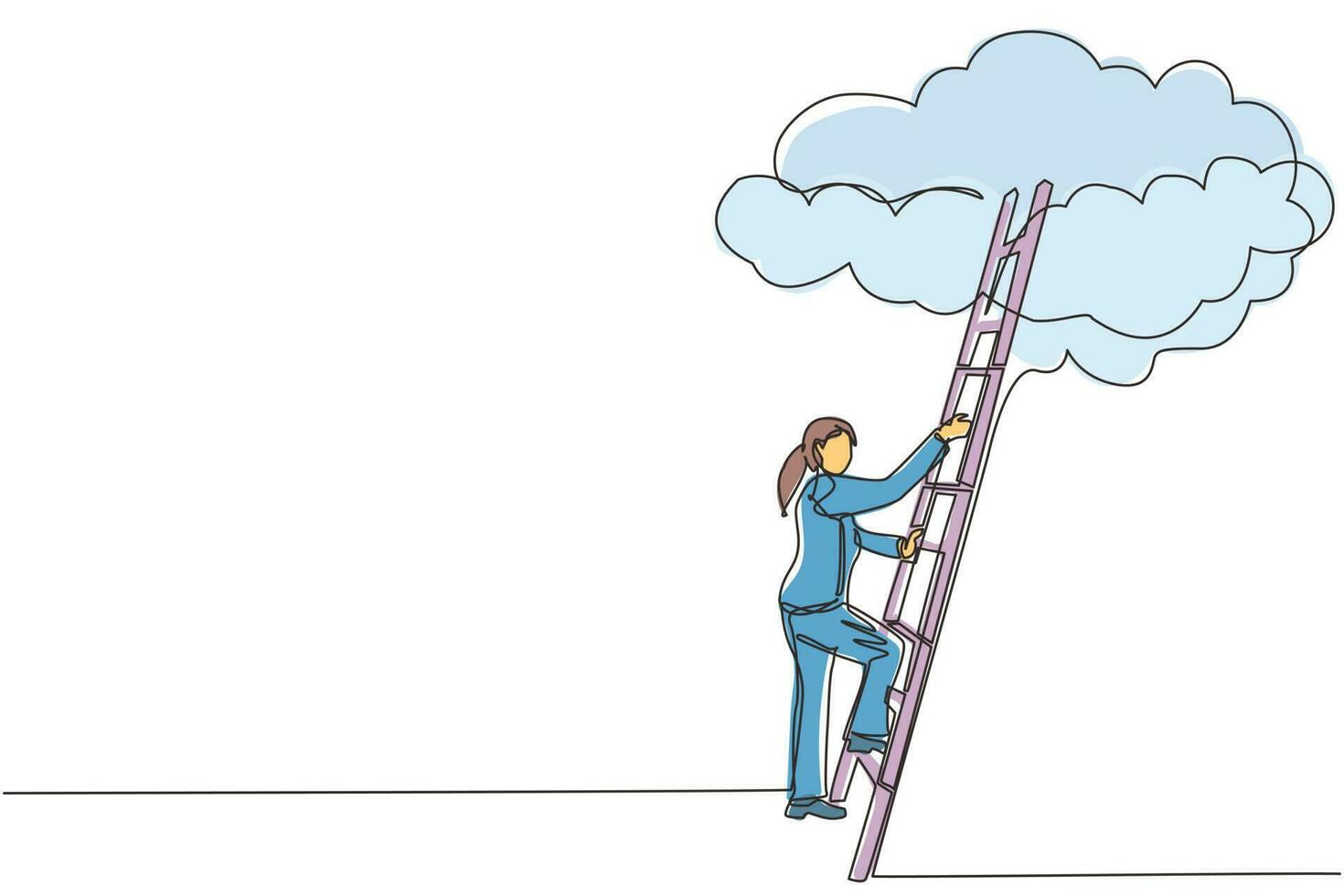 mujer de negocios de dibujo de una sola línea subiendo la escalera de la carrera a la nube. exitoso desarrollo de negocios en ascenso. promoción del crecimiento profesional. ilustración de vector gráfico de diseño de dibujo de línea continua