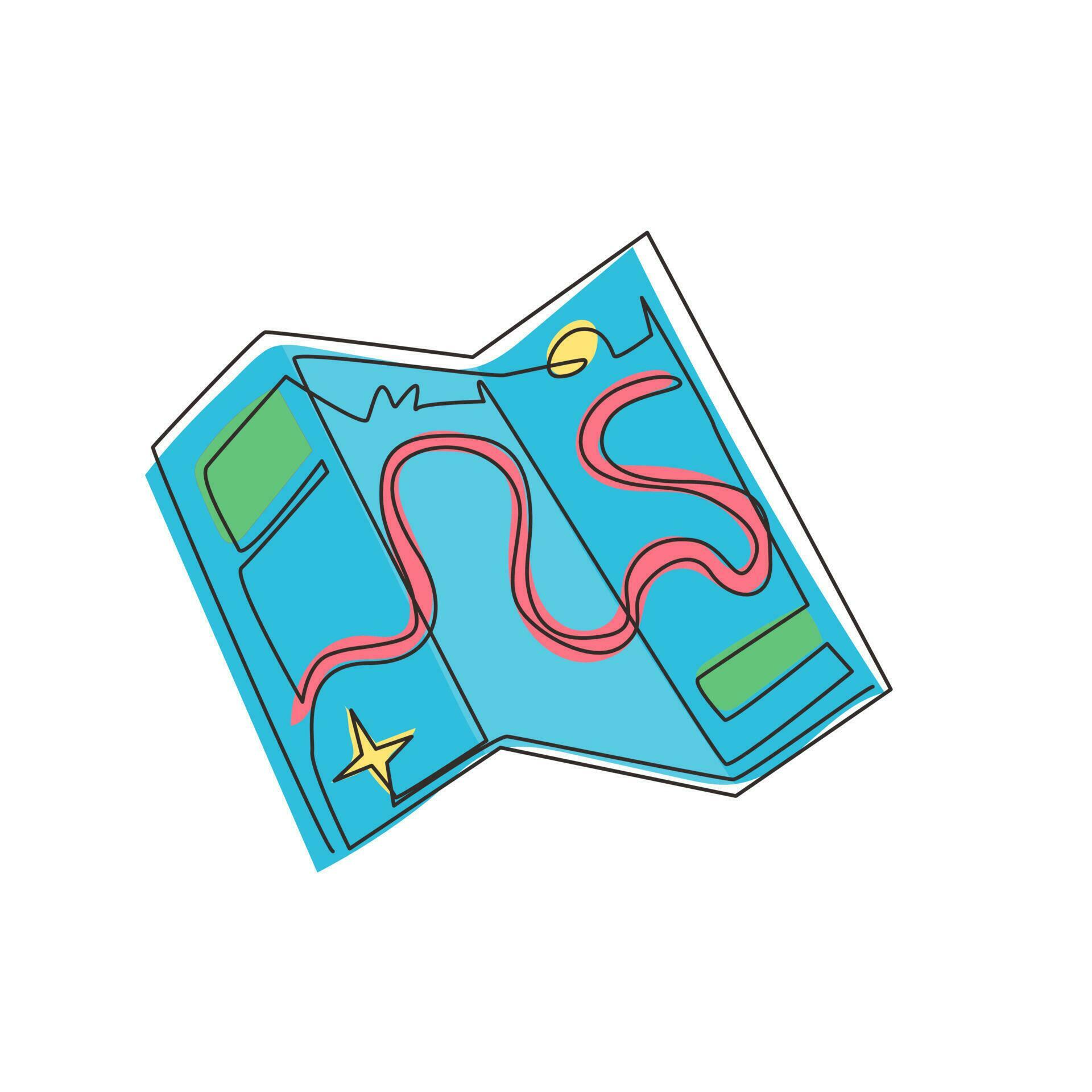 Continuous one line drawing map for traveling in doodle style. Folded paper map with a route