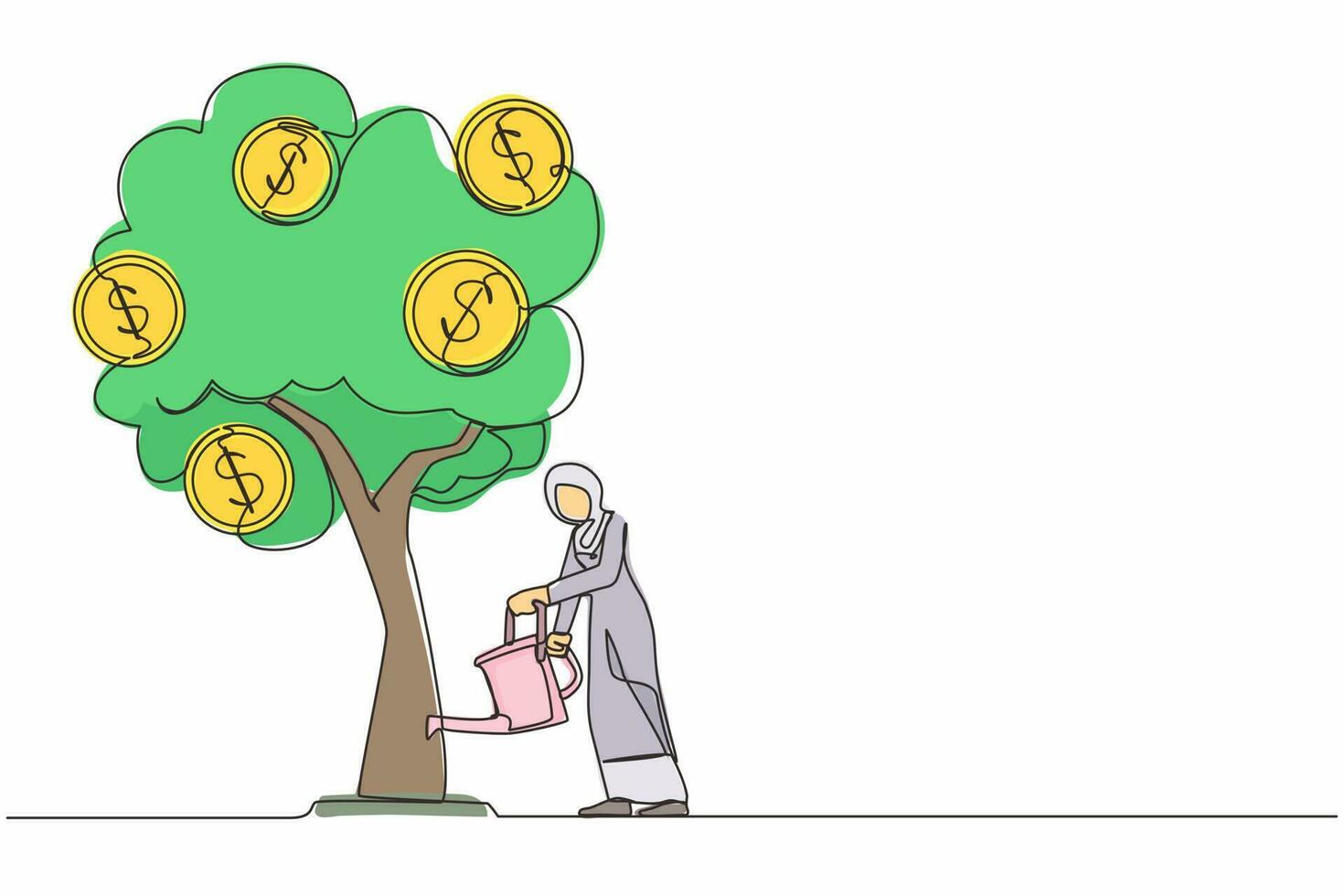 Single continuous line drawing business investment with money tree illustration. Arab woman watering tree with coins dollar symbols. Business development, profit growth. One line graphic design vector