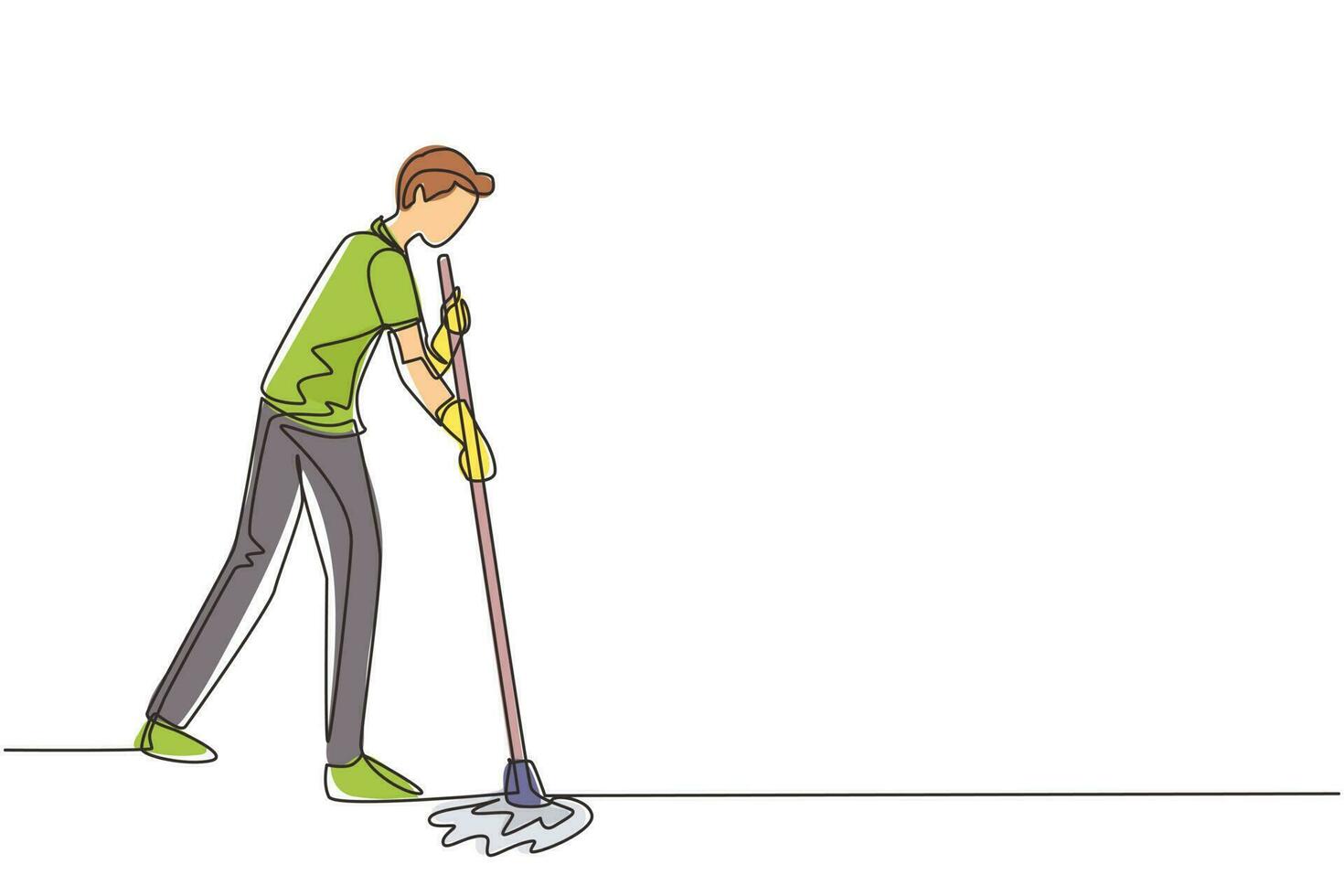 Continuous one line drawing male mopping floor at office. Cleaning workers. Professional cleaning staff, domestic cleaner worker and cleaners equipment. Single line draw design vector illustration