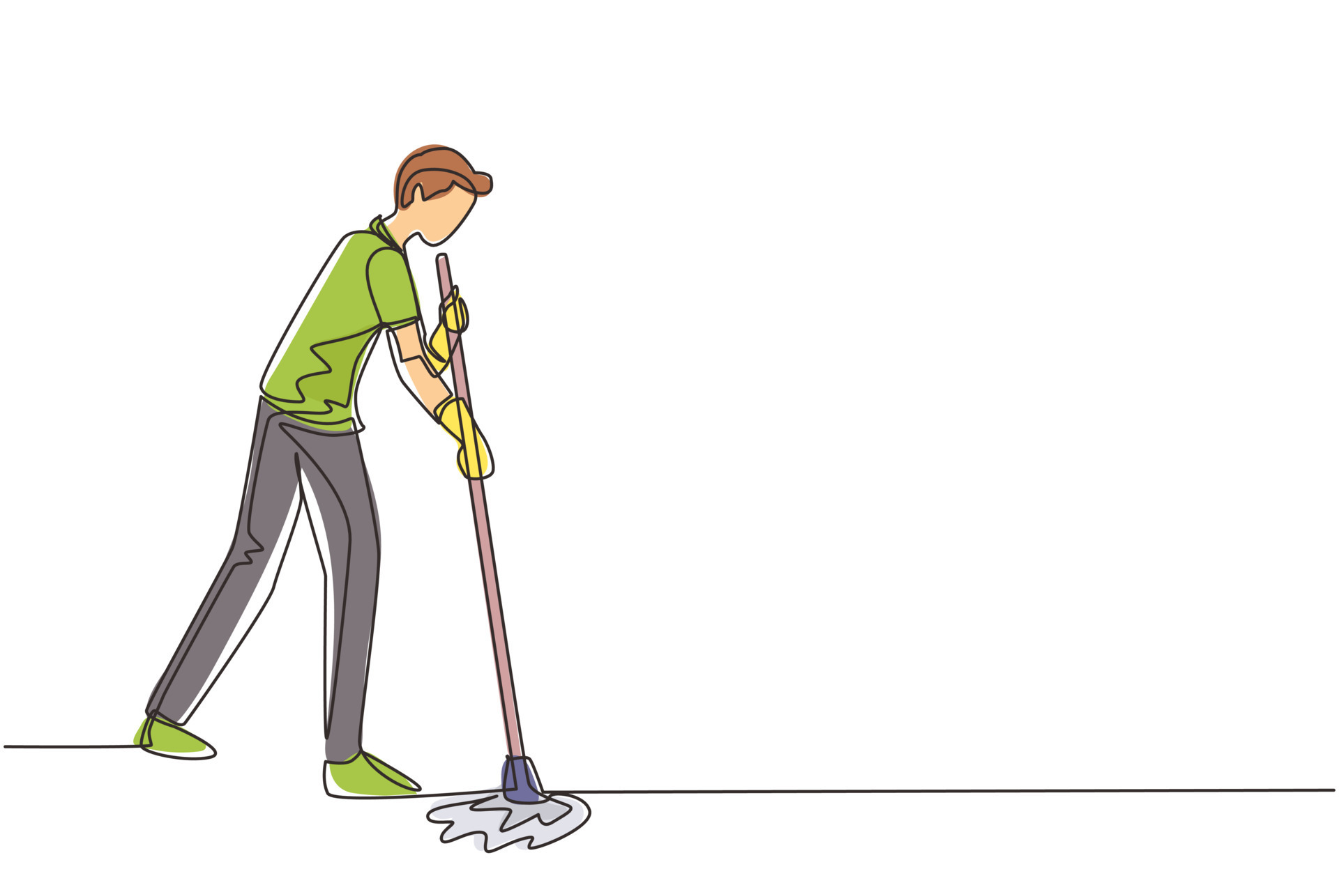 Continuous one line drawing male mopping floor at office. Cleaning