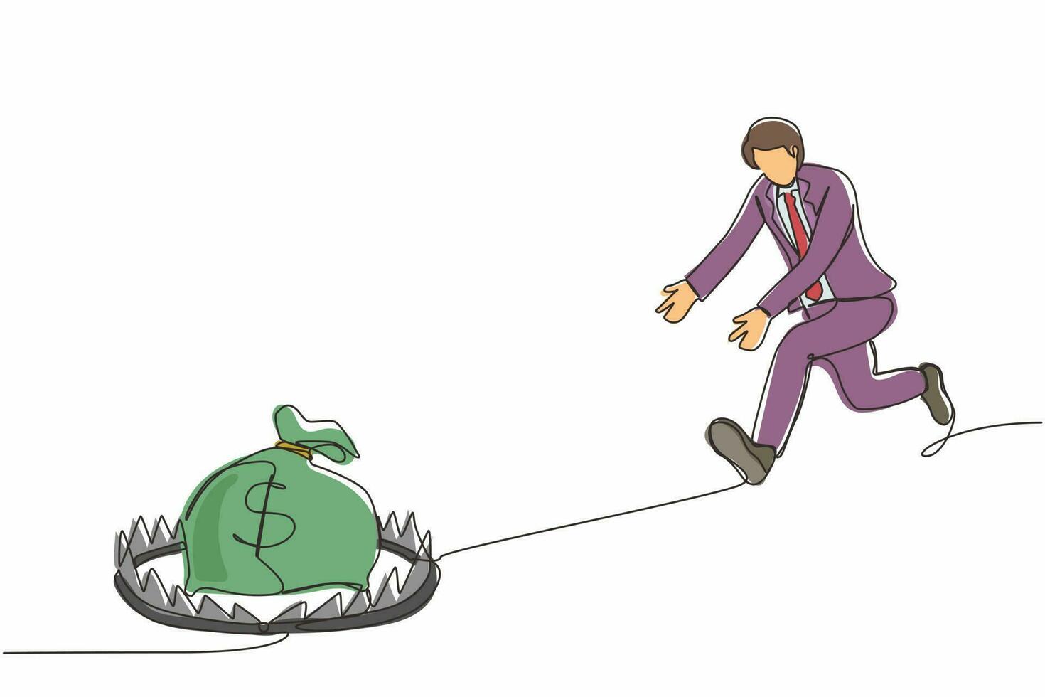 negocio de trampa de dinero de dibujo de una sola línea. hombre de negocios corriendo para atrapar una bolsa de dinero en la trampa para osos de acero. metáfora del riesgo financiero codicioso y malas soluciones. vector gráfico de diseño de línea continua