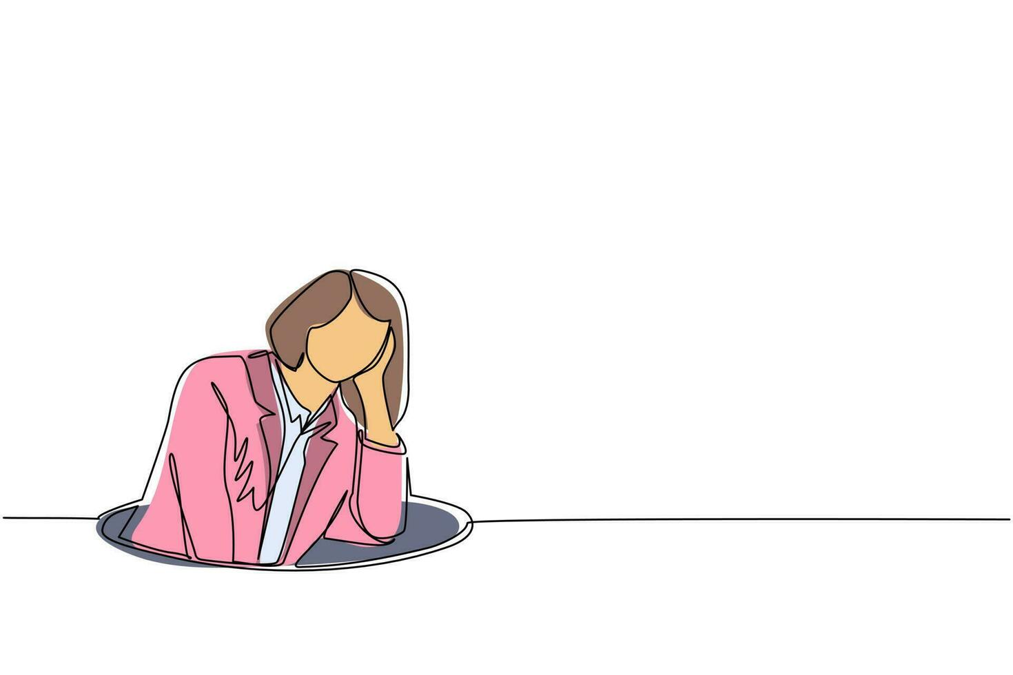 Single continuous line drawing businesswoman trying to get out of from hole, metaphor to facing big problem. Business struggles. Strength for success. One line draw graphic design vector illustration