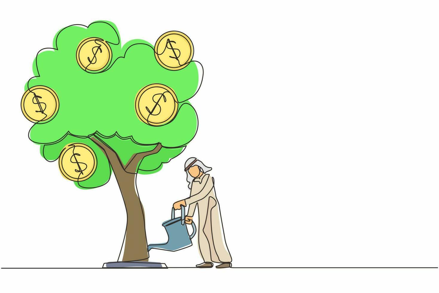 Single continuous line drawing Arabic business investment with money tree illustration. Man watering tree with coins dollar symbols. Business development, profit growth. One line graphic design vector