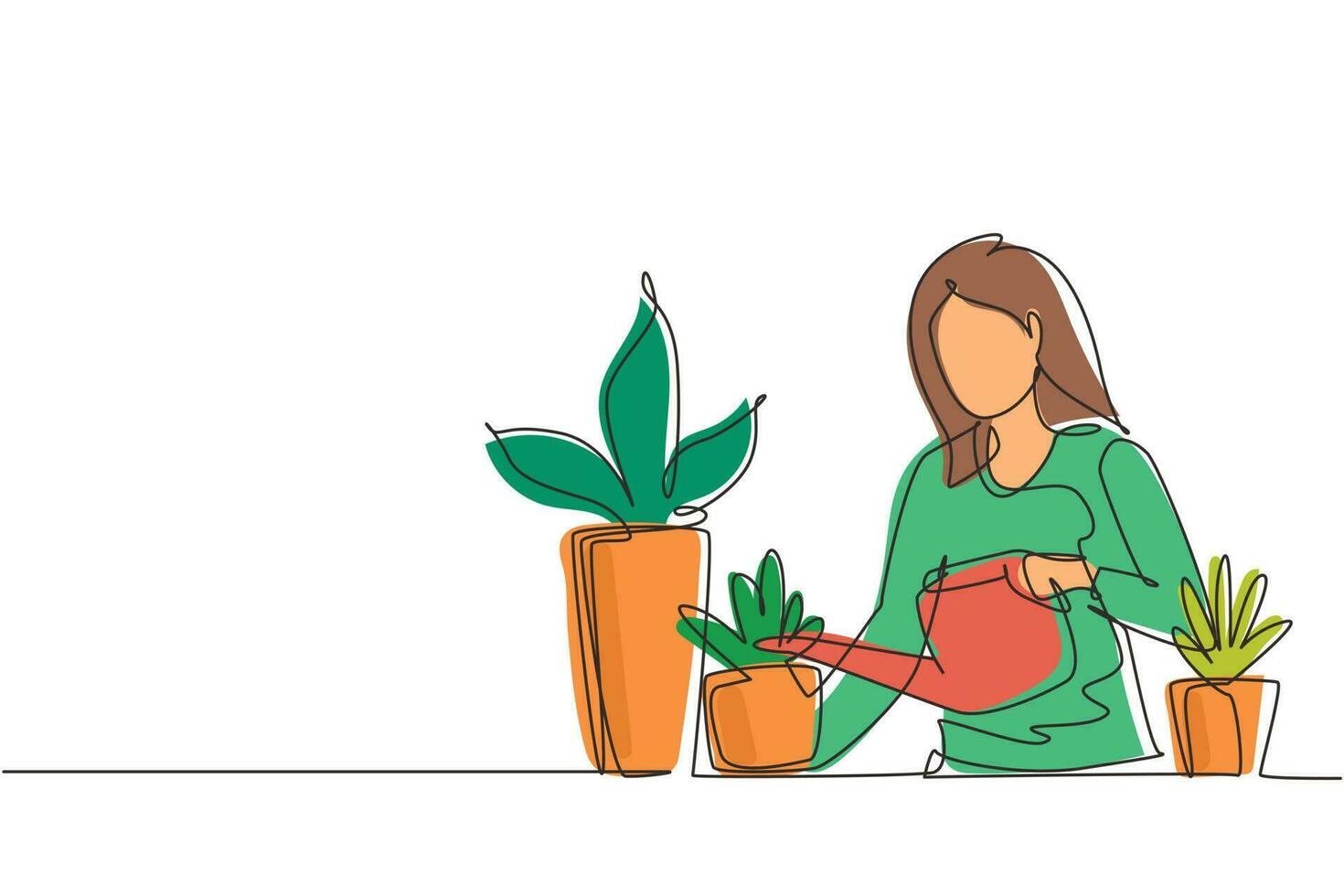 Single one line drawing woman watering houseplants at home. Home garden and house plants concept. Girl taking care of houseplants growing in planters. Continuous line draw design vector illustration