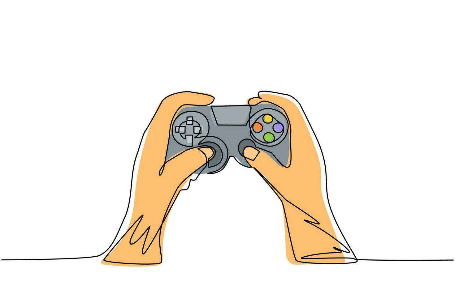 dibujo de una sola línea continua manos de un joven sosteniendo una consola de videojuegos. jugador sosteniendo en la mano gamepad. hombre jugando videojuegos. tiempo libre en casa. ilustración de vector de diseño gráfico de dibujo de una línea