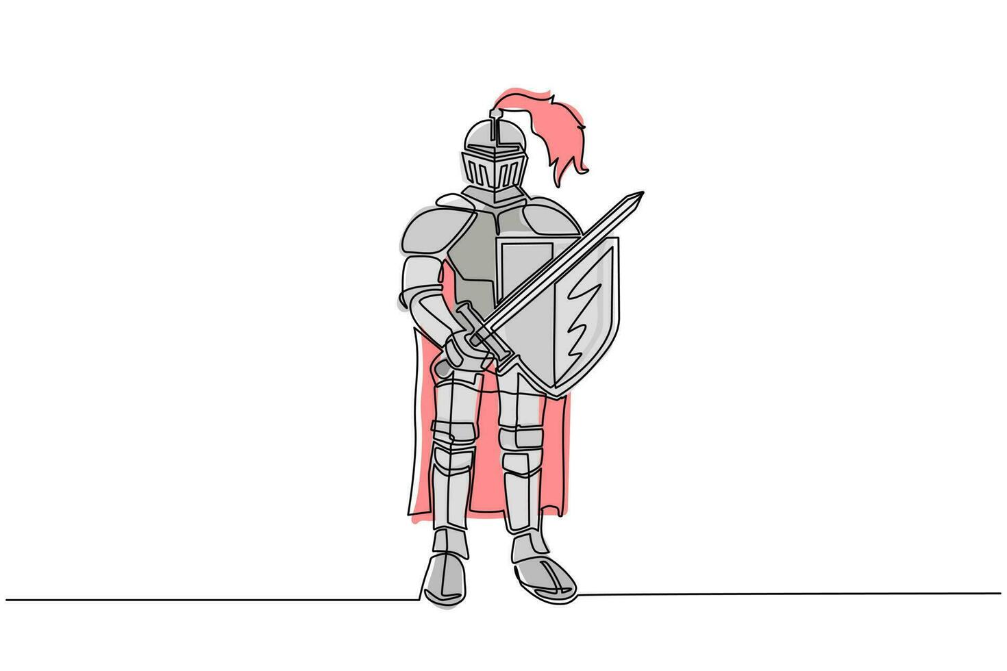 Single continuous line drawing medieval knight in armor, cape, helmet with feather. Warrior of middle ages standing and holding sword and shield. Chivalry figure. One line draw design graphic vector