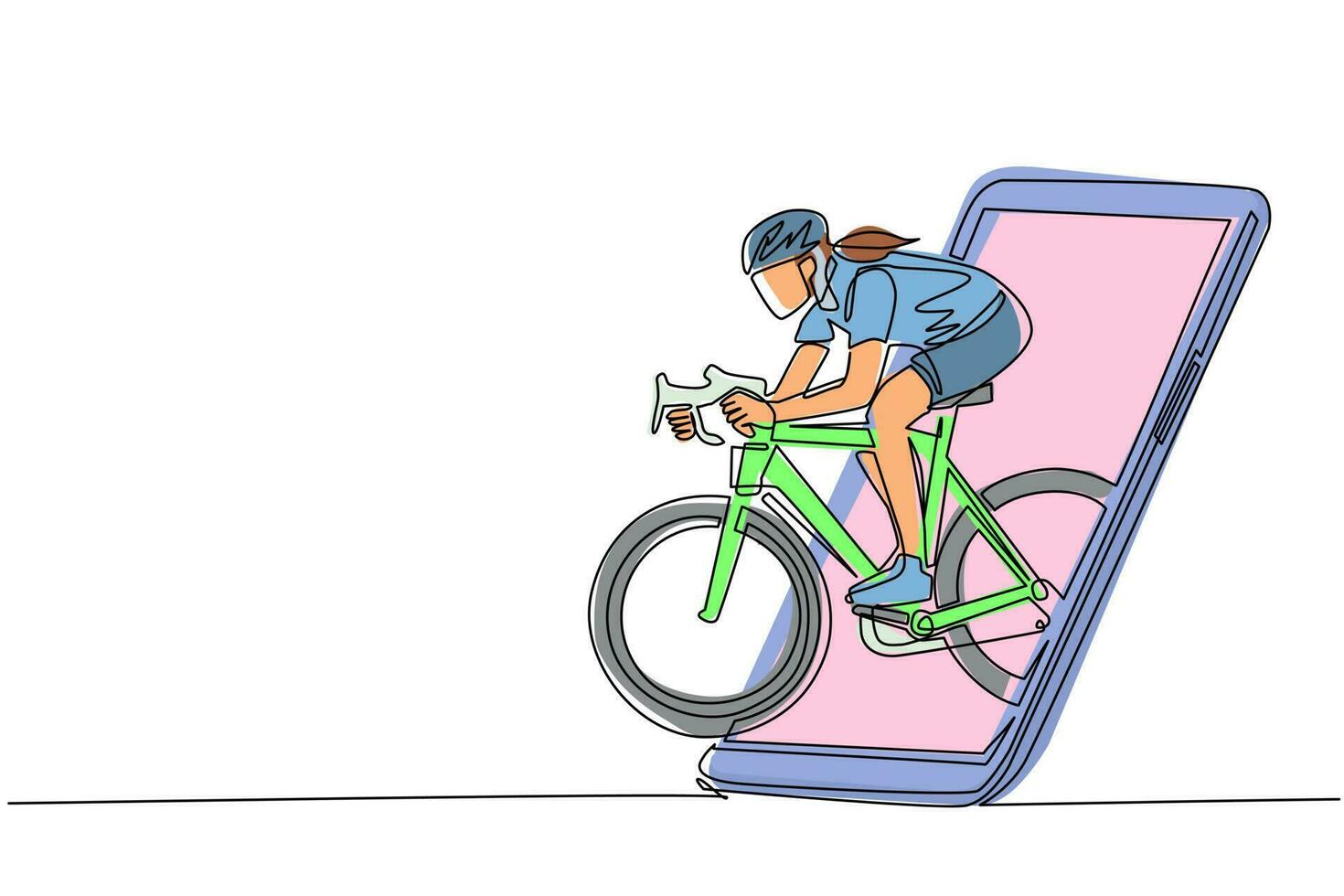 Single continuous line drawing woman bicycle racer focus train her speed at training session getting out of smartphone screen. Mobile sports play matches. Dynamic one line draw graphic design vector