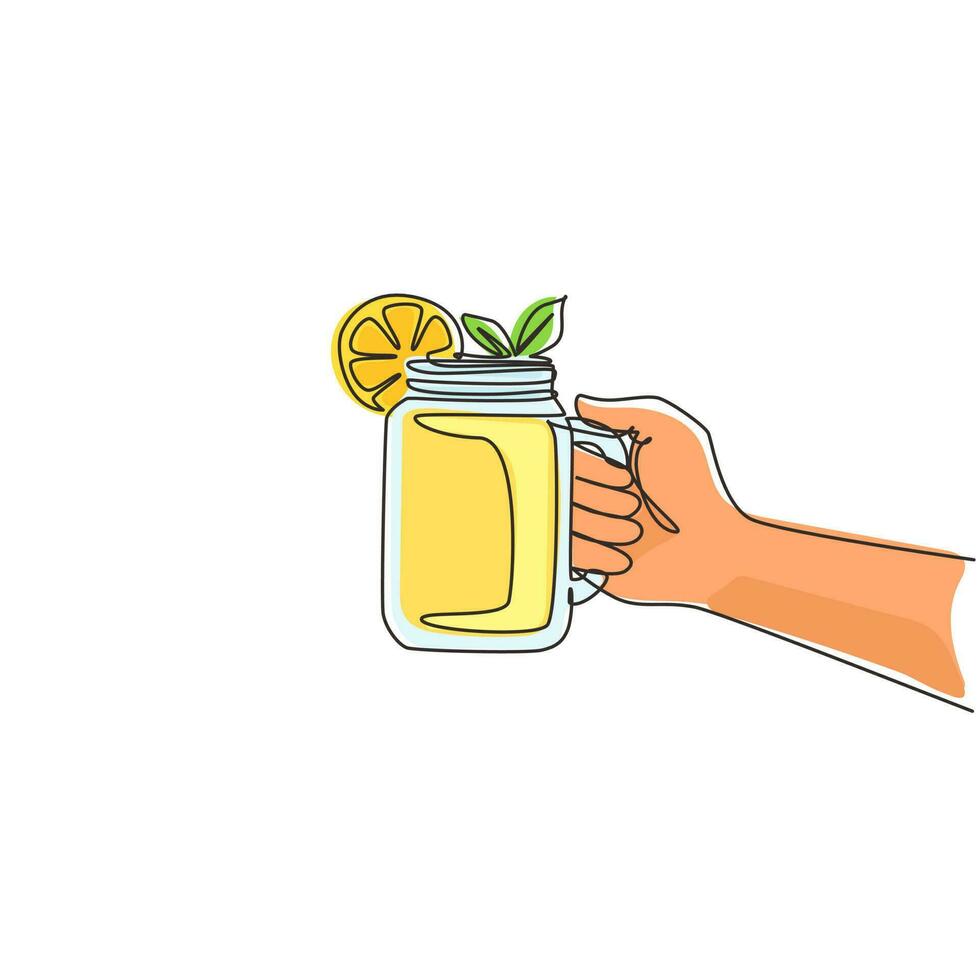 Continuous one line drawing hand holding delicious yellow lemonade mug with ice and fresh mint. Summer healthy fruit drink. Healthy lemon drink with mint. Single line draw design vector illustration