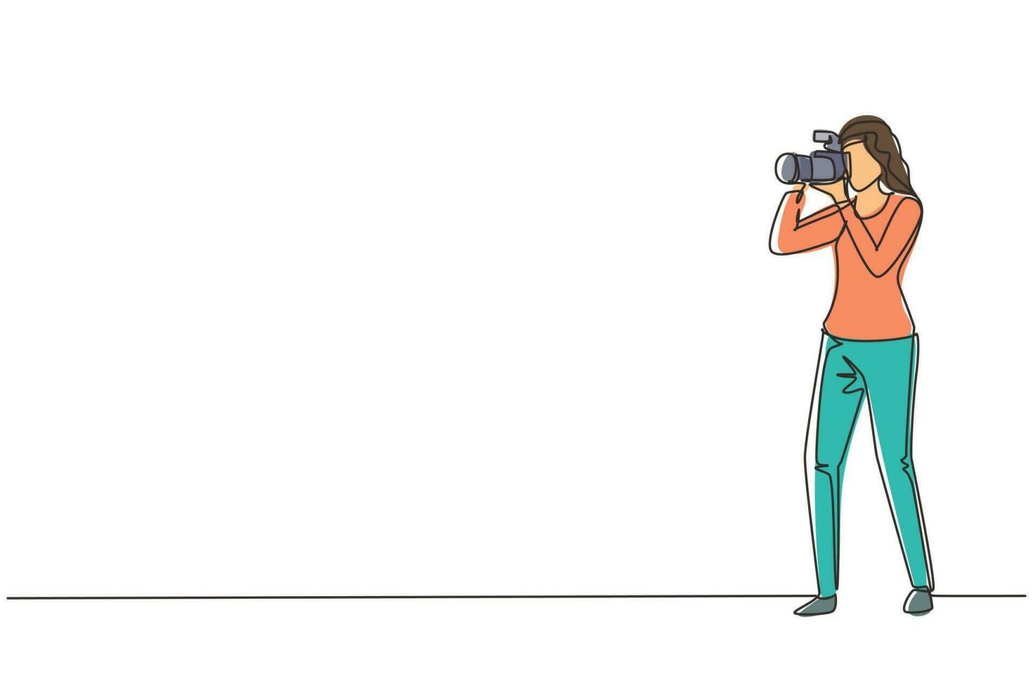 Single continuous line drawing happy professional woman photographer taking photo using dslr camera. Young female character shooting using lens camera. One line draw graphic design illustration vector