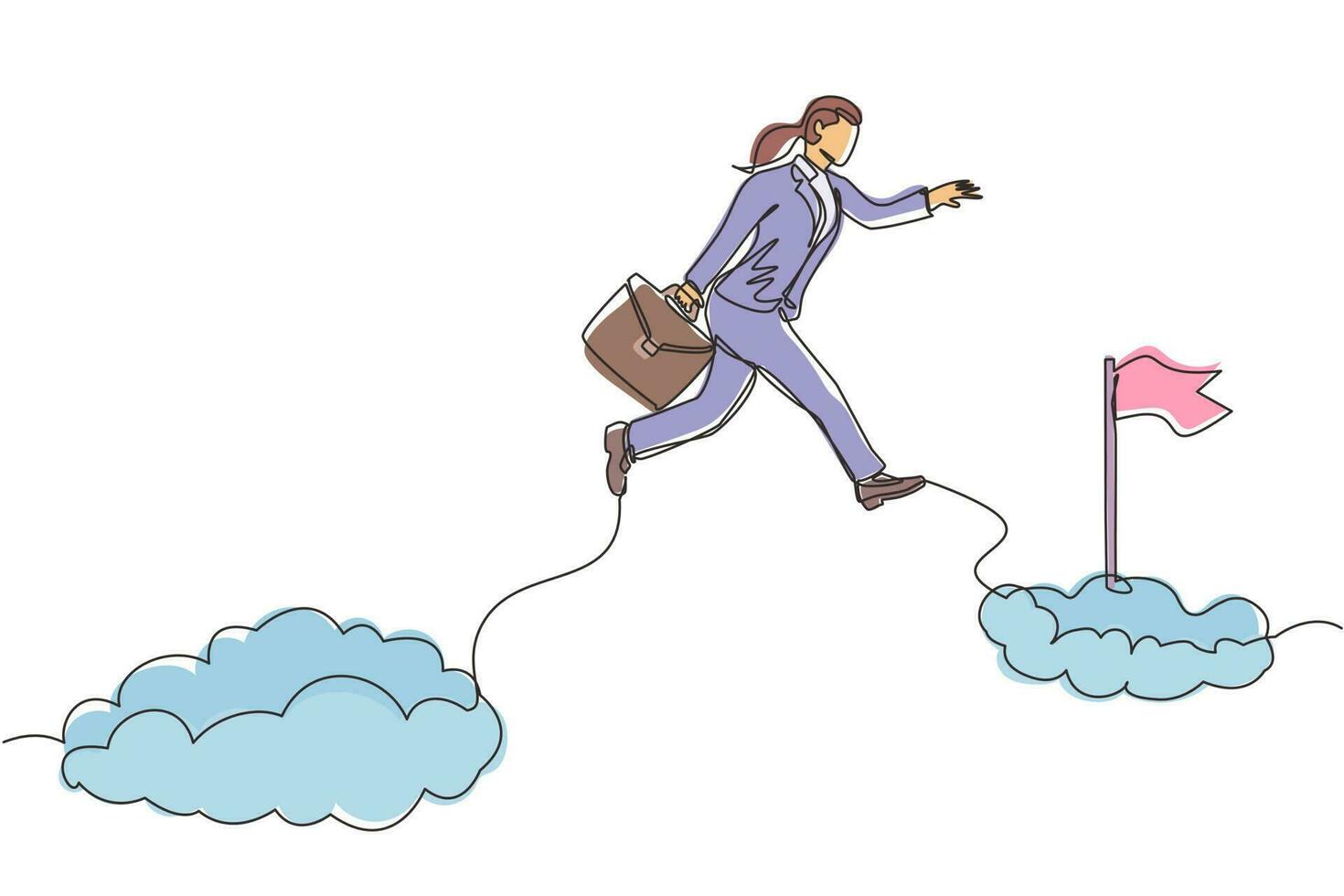 Single one line drawing fearless brave businesswoman make risk by jump over clouds to reach her success target or flag. Challenge of her career. Continuous line draw design graphic vector illustration