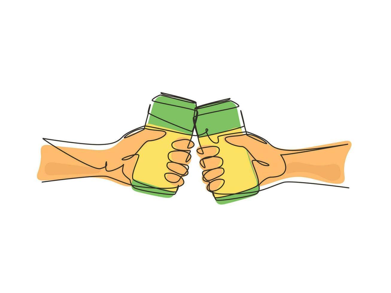 Single continuous line drawing couple is toasting with aluminum can and drink soda. Close-up cropped view of two human hands holding can and toast. One line draw graphic design vector illustration