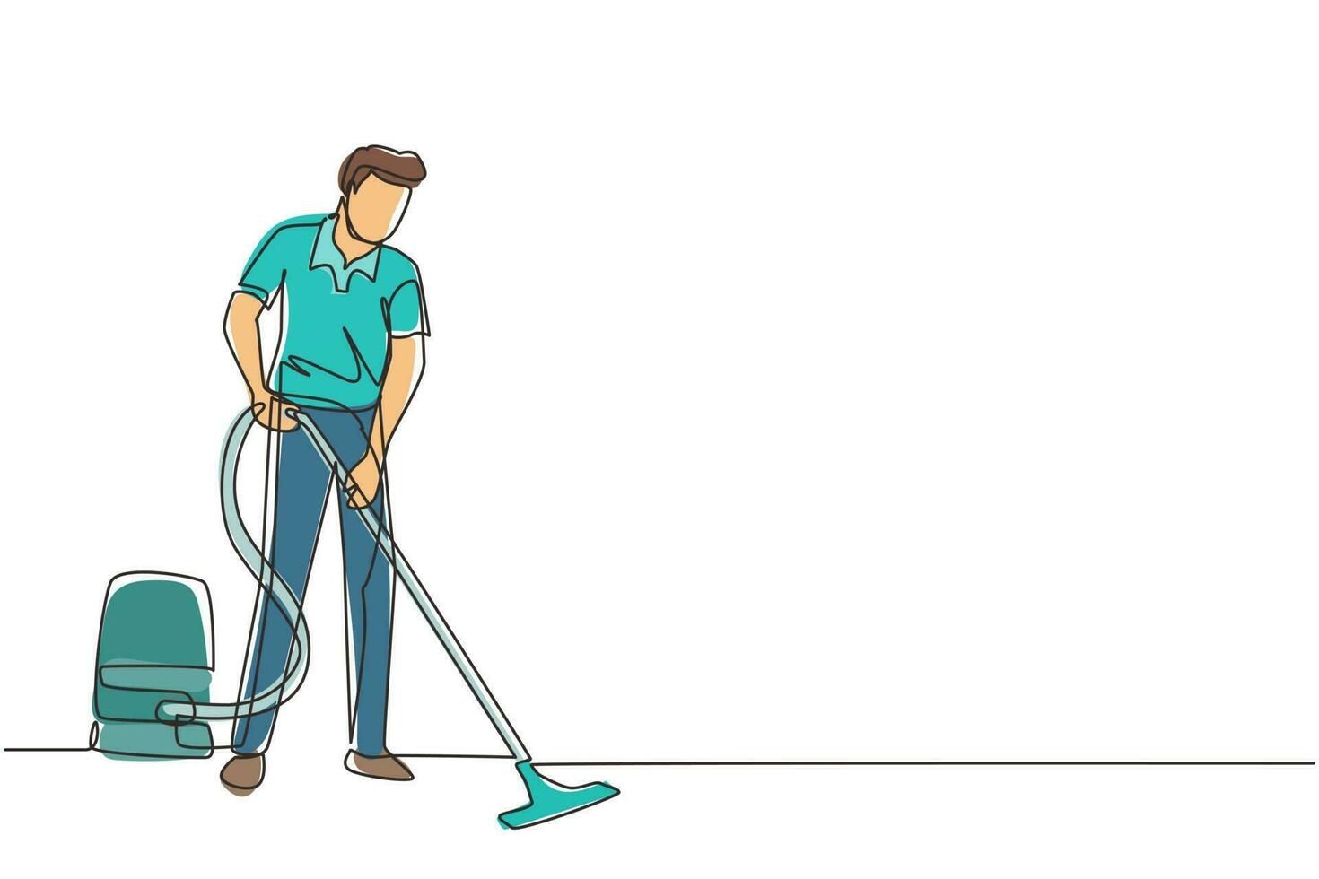 Single one line drawing male professional busy janitor vacuum cleaning indoors, floor office cleaning, young, happy, wearing uniform, protective gloves. Continuous line draw design vector illustration