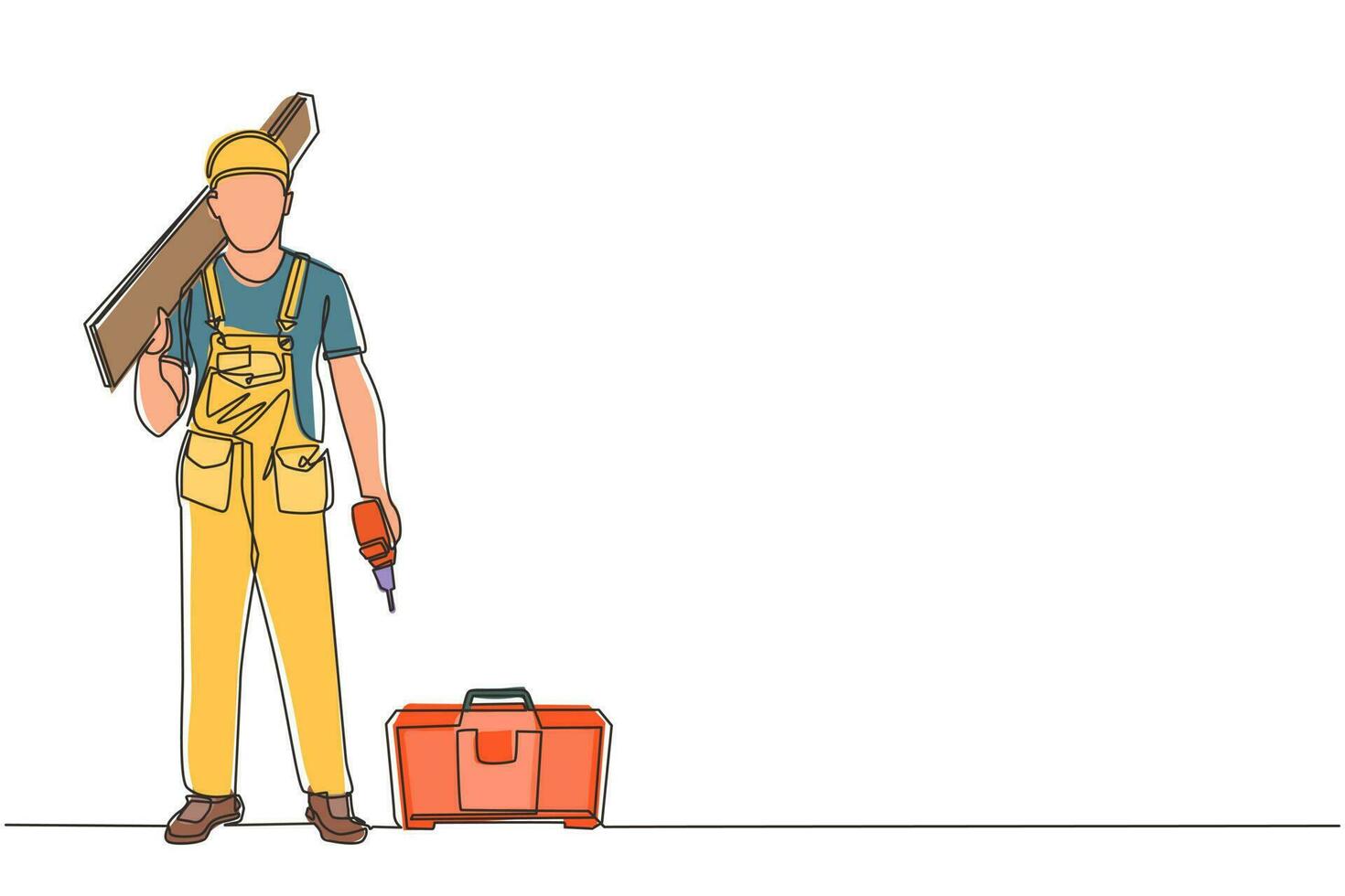 Single one line drawing timber frame house construction worker. Repairman standing with board, tool box, and drill. Building, construction, repair work services. Continuous line draw design vector