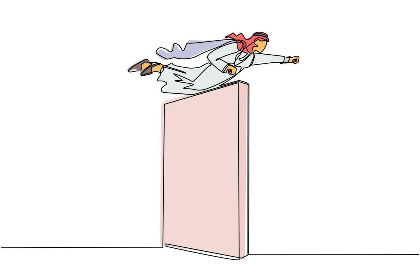 Single one line drawing super Arab businessman flying over the wall. Employee superhero flying through wall. Business concept power, success, overcome difficulties. Continuous line draw design vector