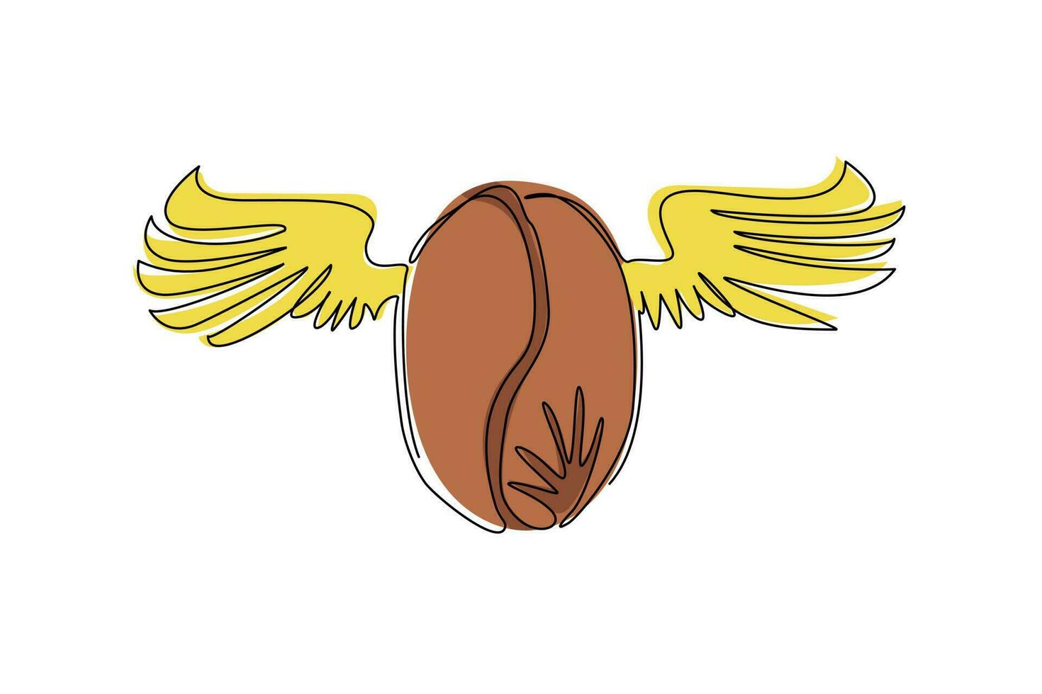 Single one line drawing coffee bean wings logo with bean and wings symbol icon design for coffee shop, coffee brand in minimalist style. Modern continuous line draw design graphic vector illustration