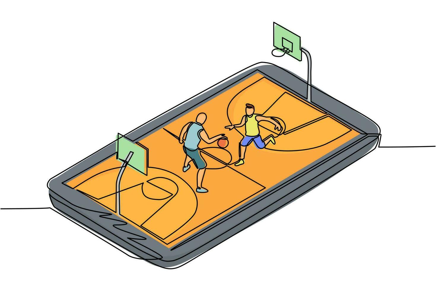 Single one line drawing basketball court with two players on smartphone screen. Online basketball game, mobile e-sport. Online basketball game with live mobile app. Continuous line draw design vector