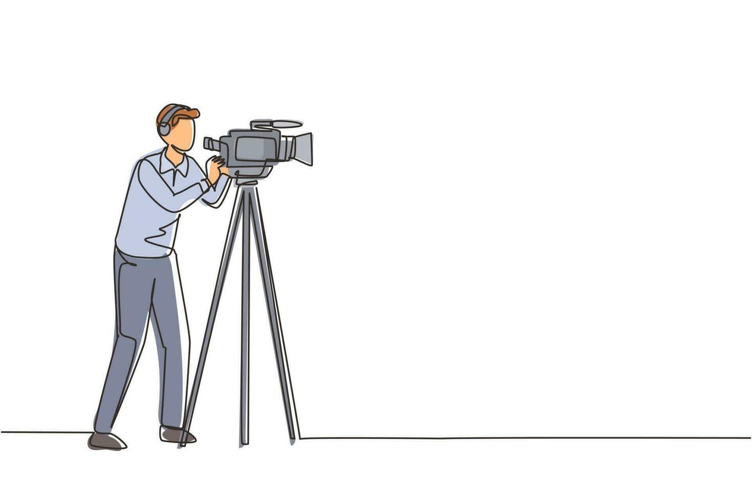 Single one line drawing professional cameraman, operator, videographer with camera. Shooting of movie production, broadcasting news or tv show live. Continuous line draw design vector illustration
