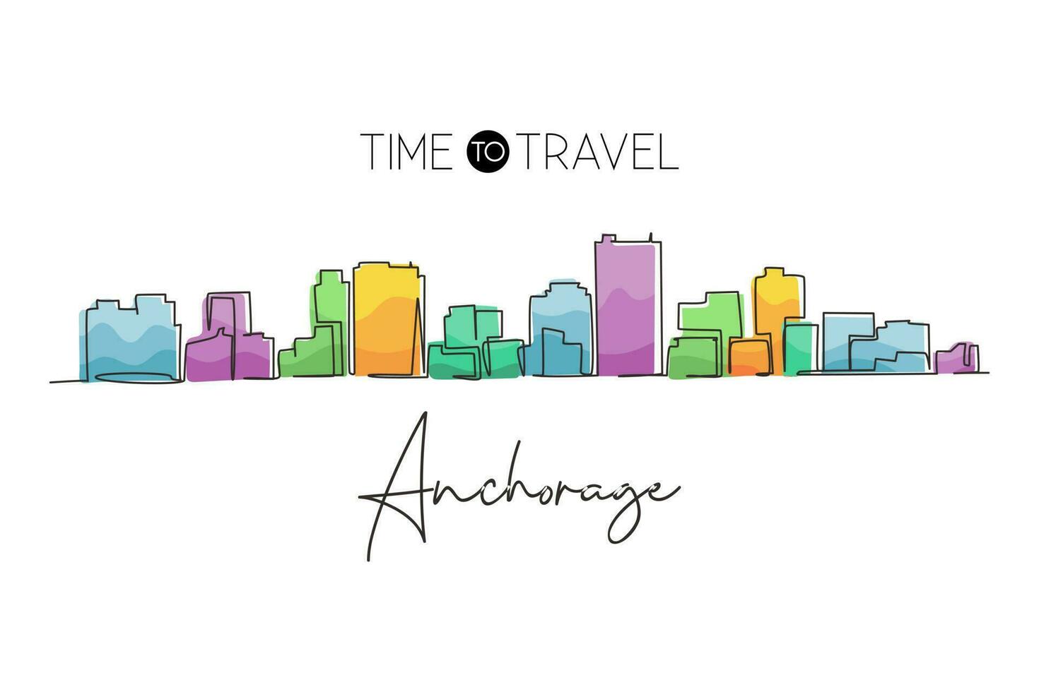 Continuous one line drawing Anchorage city skyline, Alaska. Historical town landscape in the world. Best holiday destination. Editable stroke trendy single line draw design vector graphic illustration