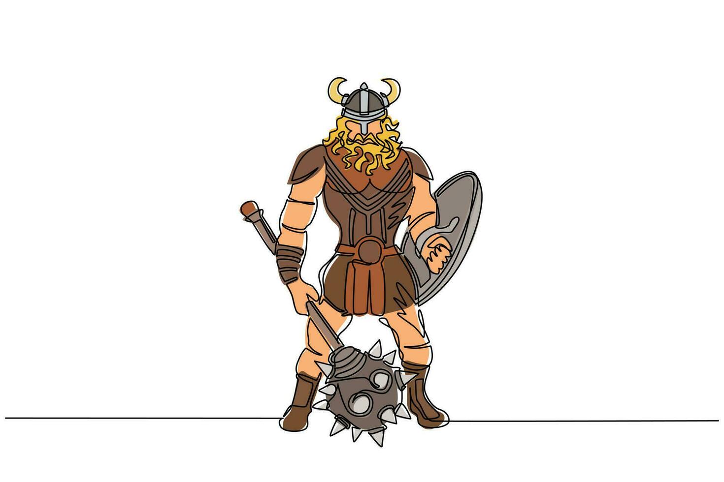 Single continuous line drawing man warrior viking in horned helmet holding mace and shield. Cartoon character male with weapon standing in belligerent pose. Dynamic one line draw graphic design vector