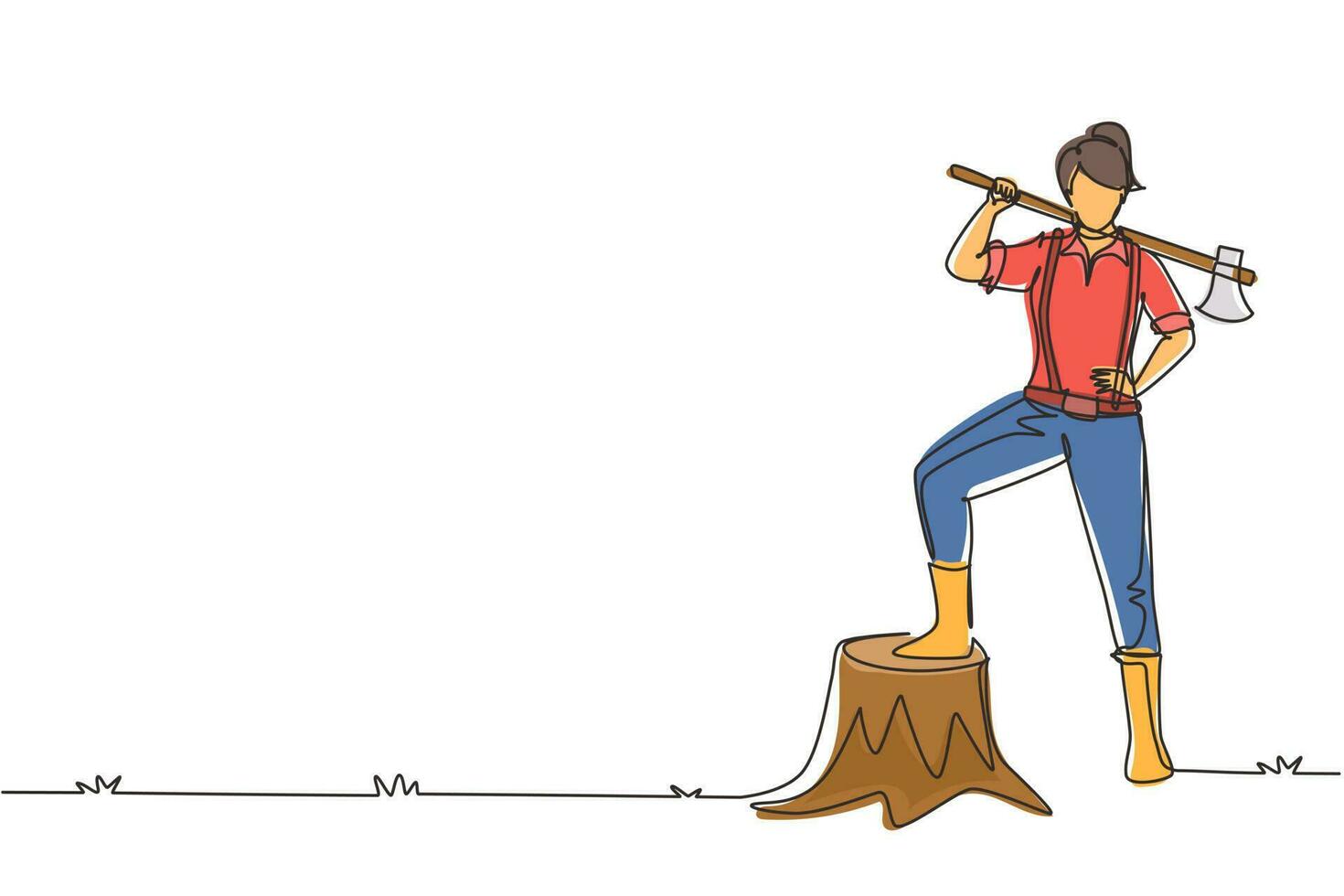 Single one line drawing pretty woman lumberjack wearing shirt, jeans, boots. Holding on her shoulder a ax posing with one foot on a tree stump. Continuous line draw design graphic vector illustration