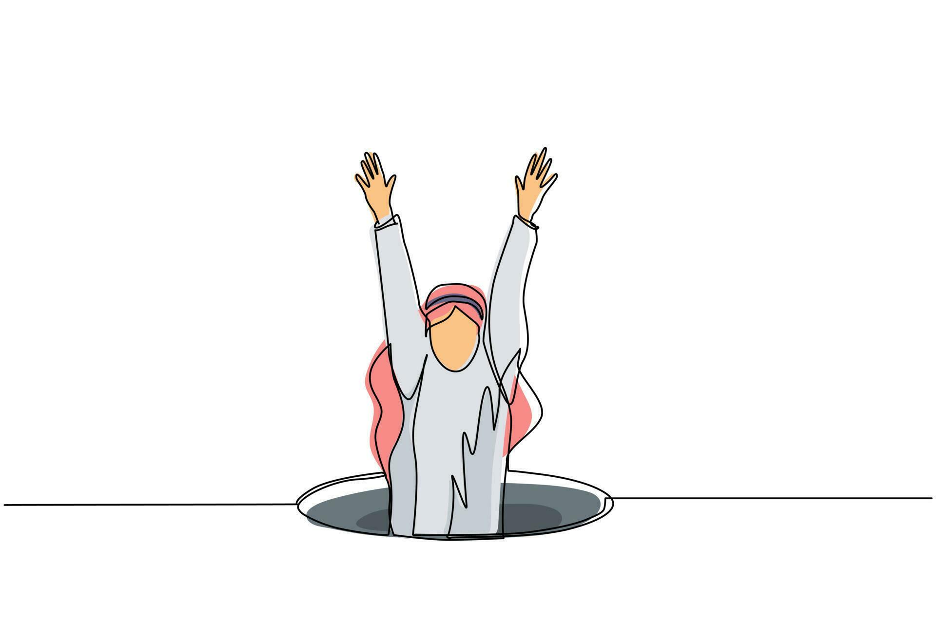 Single one line drawing Arab businessman fell into manhole underground