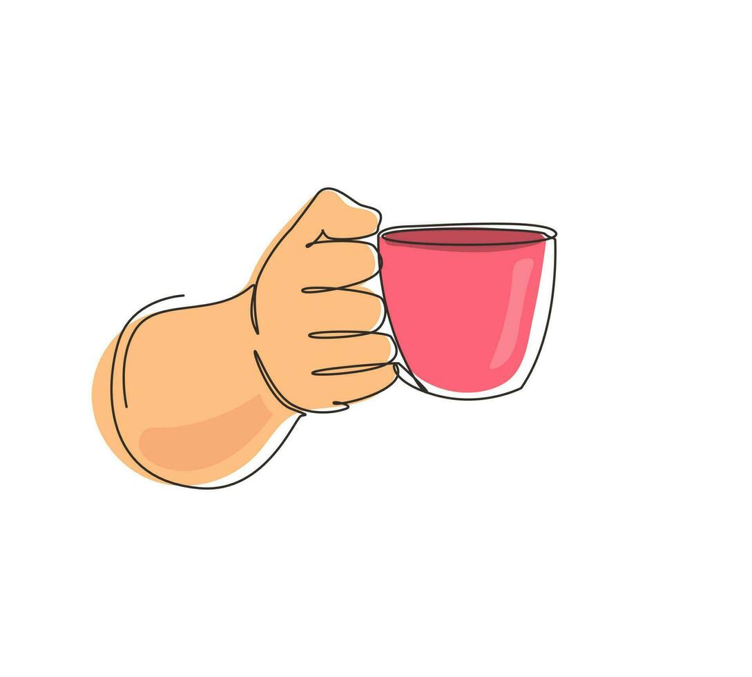 Single one line drawing hand holding hot coffee cup with steam, business person want to drink coffee. Hands worker want to drink coffee before work. Continuous line draw design vector illustration