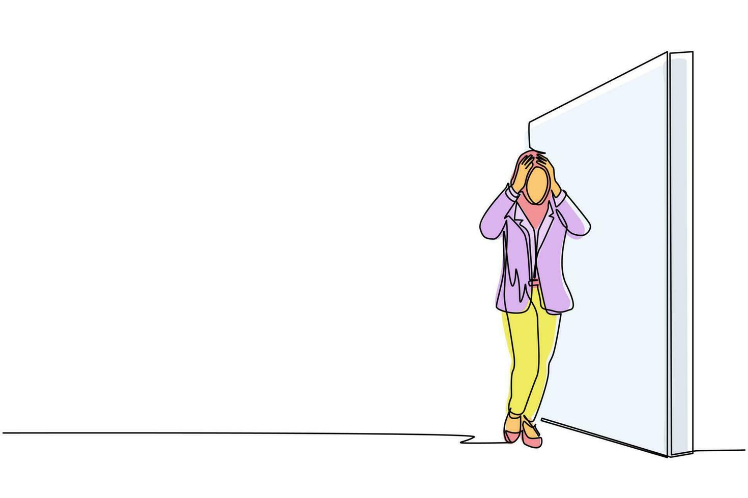 Single continuous line drawing Arab businesswoman standing and confused in front of huge brick wall barriers. Scene for wrong business decision, mistake, deadlock. One line draw graphic design vector