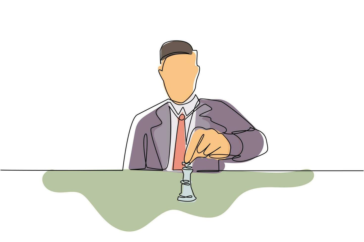 Continuous one line drawing strategy, leadership and management concept. Young smiling businessman sitting and moving chess figure alone feeling confident. Single line draw design vector illustration