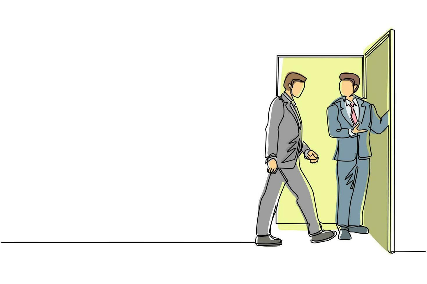 Single continuous line drawing businessman at the door welcomes his friend in. Man is inviting his friend to get into his house. Hospitality concept. One line draw graphic design vector illustration