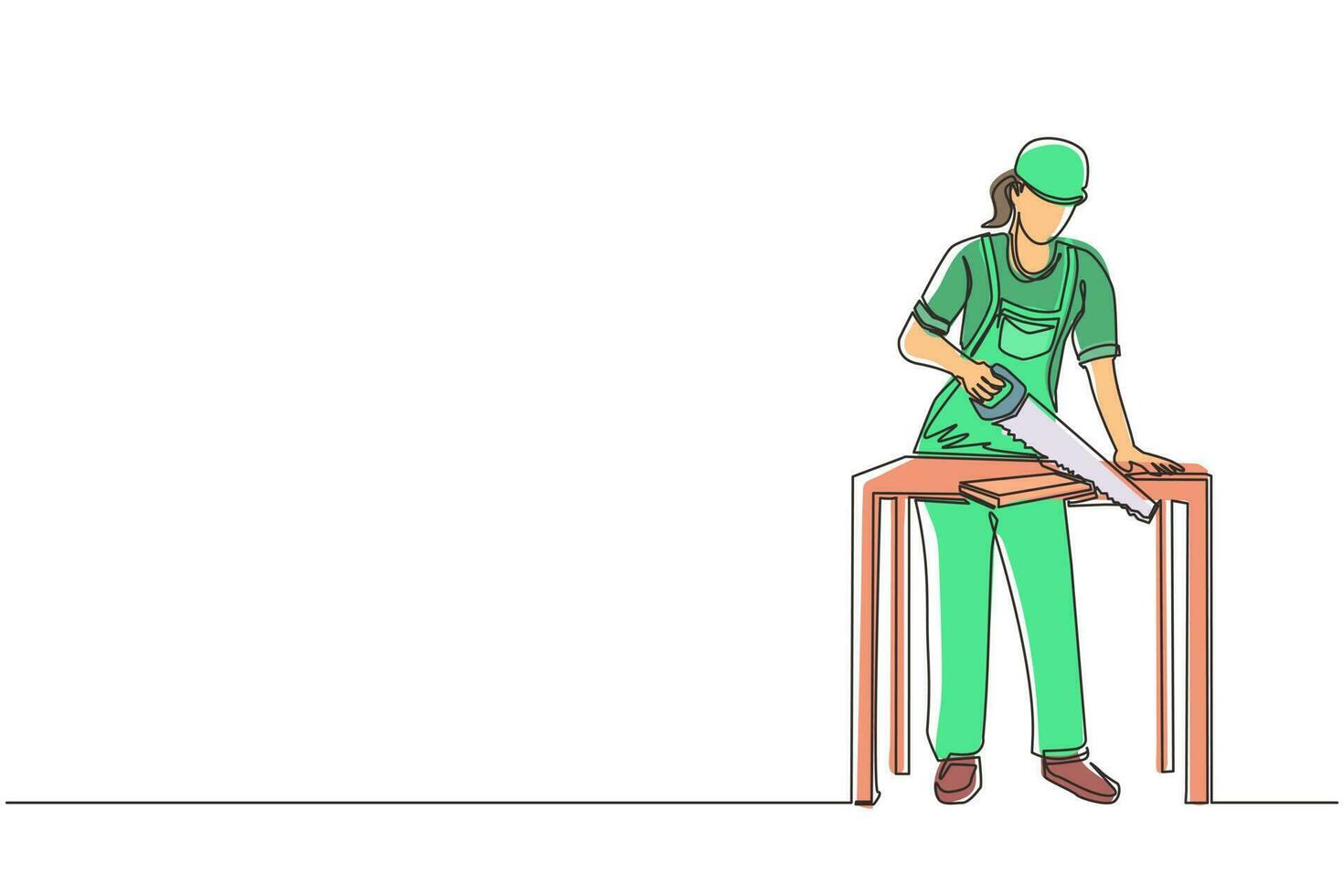 Continuous one line drawing female builder or carpenter repairwoman sawing boards. Building, construction, repair work services. Business concept. Single line draw design vector graphic illustration