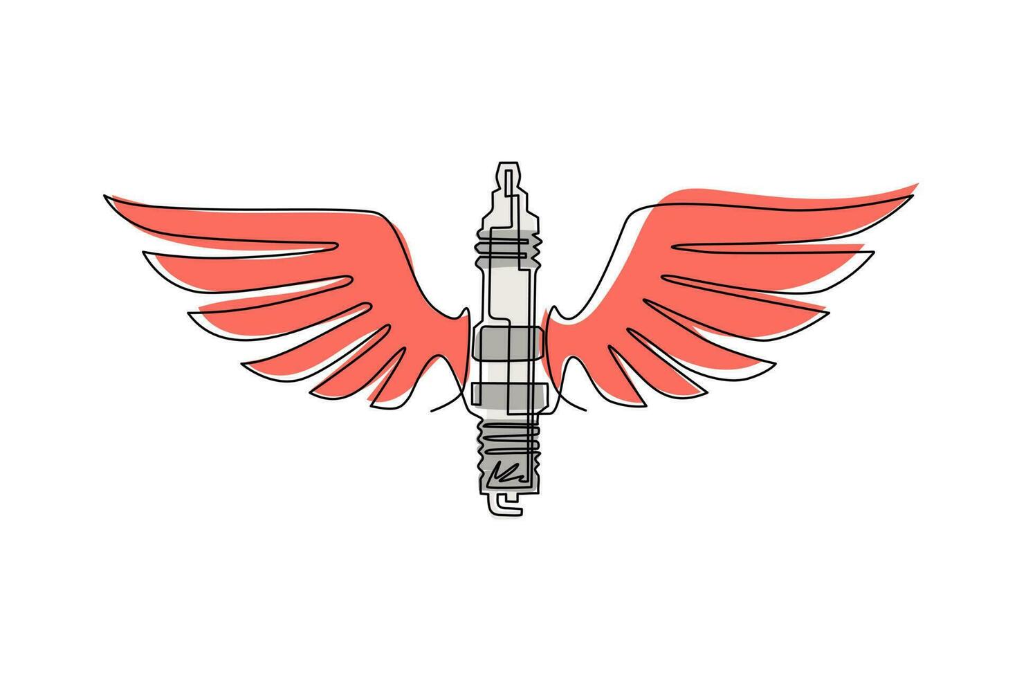 Single continuous line drawing spark plug with wings. Vintage auto emblem. Emblem template. Design element for logo, label, sign, poster, t shirt. Dynamic one line draw graphic vector illustration