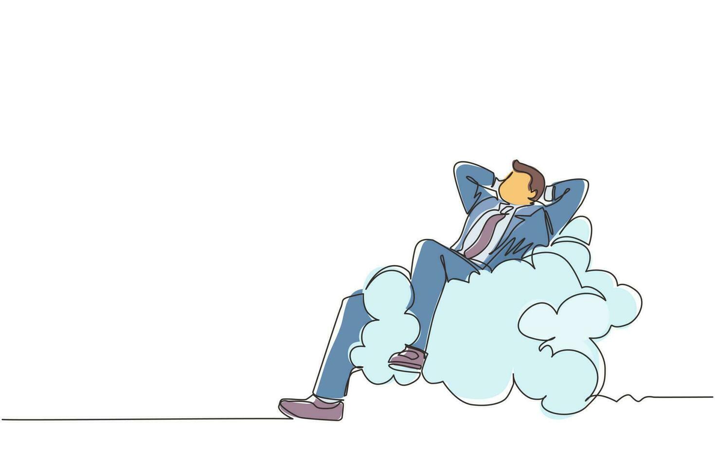 Single continuous line drawing relaxed and successful happy businessman relaxing laying on clouds. Break, vacation, coffee time and relaxation. Dynamic one line draw graphic design vector illustration