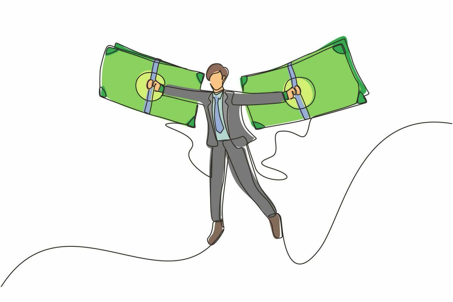 Single continuous line drawing businessman flying on money wings. Concept of financial freedom, depicting man flying on wings made of currency bills. One line draw graphic design vector illustration