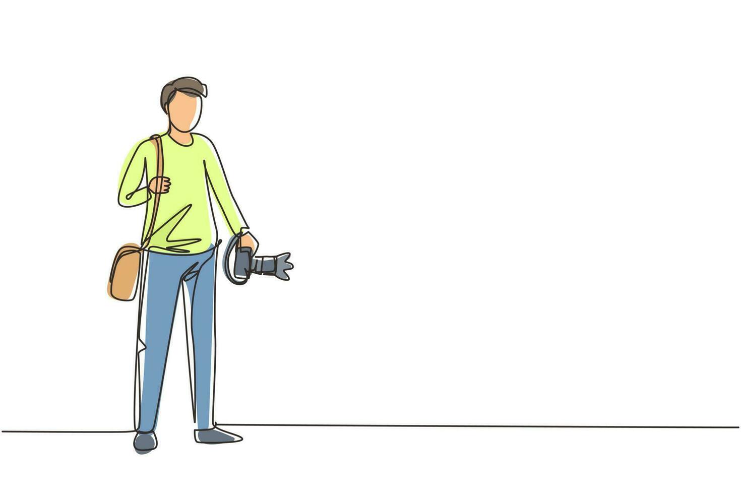 Single continuous line drawing hipster photographer with holding camera in photo studio. Photographer using professional camera in the studio. Dynamic one line draw graphic design vector illustration